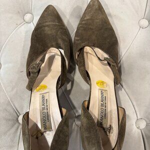 Vintage Italian Olive Suede Heel with Front Strap - Manolo Blahnik